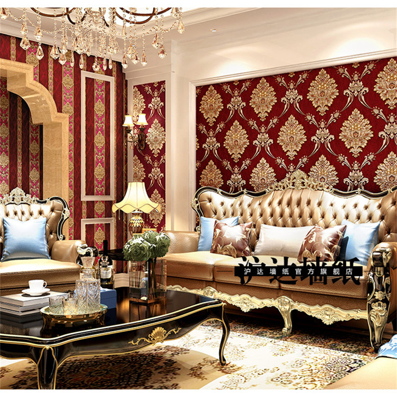 Embossed damask wallpaper in a luxury living room