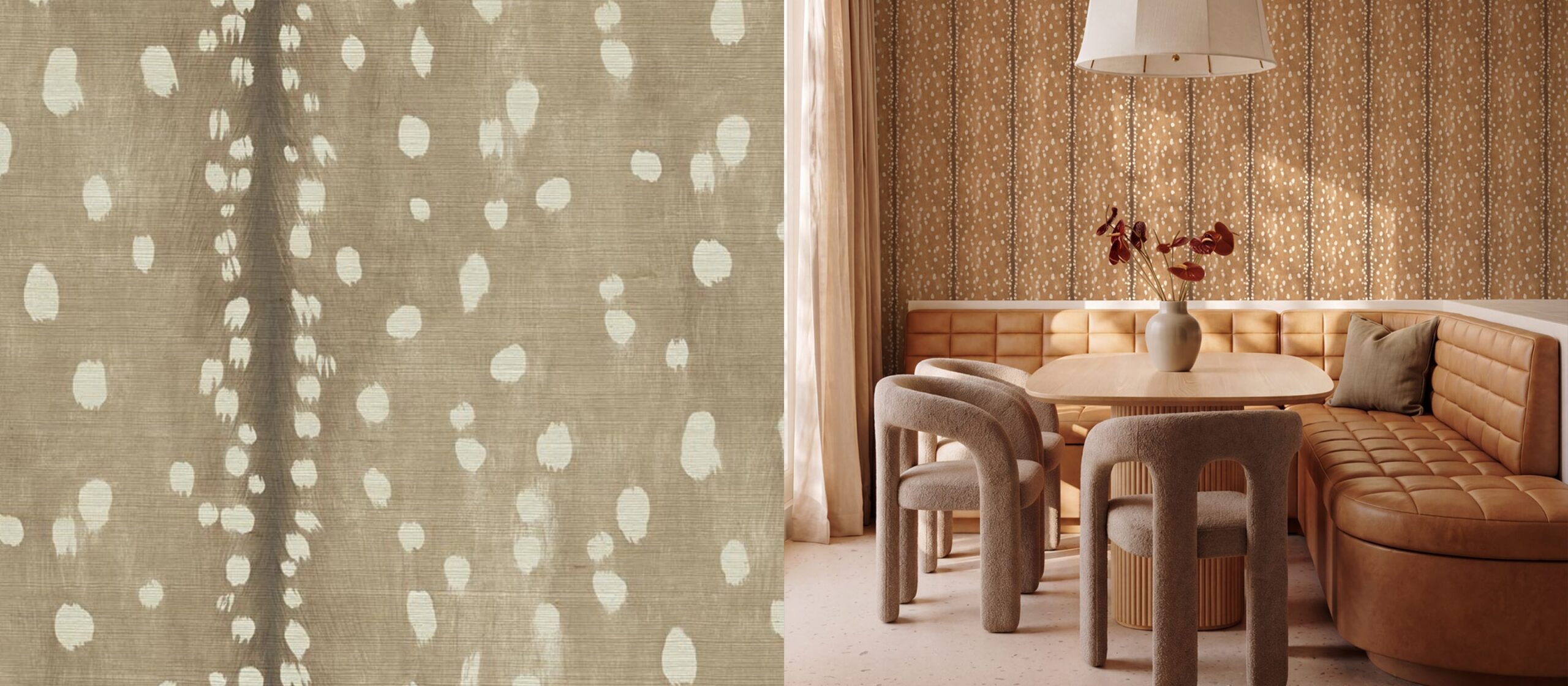 Grasscloth textured wallcovering in a dining interior